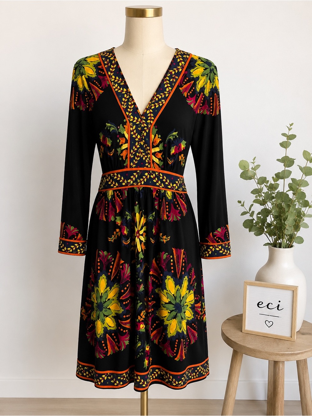 ECI Black Long Sleeve Floral Border Print Dress